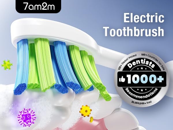 7AM2M Ultrasonic Electric Toothbrush with 6 Brush Heads for Adults&Kids, Type C Charging, One Charge for 120 Days, 5 Modes&40000VPM Powered Toothbrush, 2 Minutes Built in Smart Timer (Light Blue)