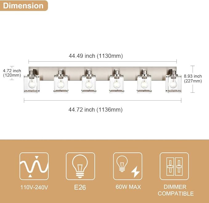 WINSHEN 6-Lights Brushed Nickel Bathroom Light Fixture Over Mirror, Modern Wall Sconce with Clear Glass Shades, E26 Bulb Base Vanity Lighting for Over Mirror Kitchen