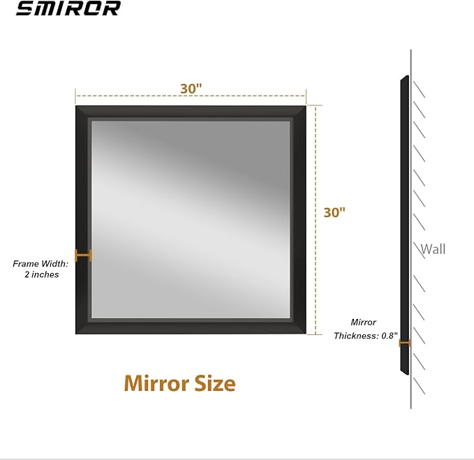 SMIROR Matte Black Bathroom Mirror for Over Sink 30x 30 inch, Metal Thick Frame Rectangle Vanity Mirror for Wall, Anti-Rust, Horizontally or Vertically Mounted