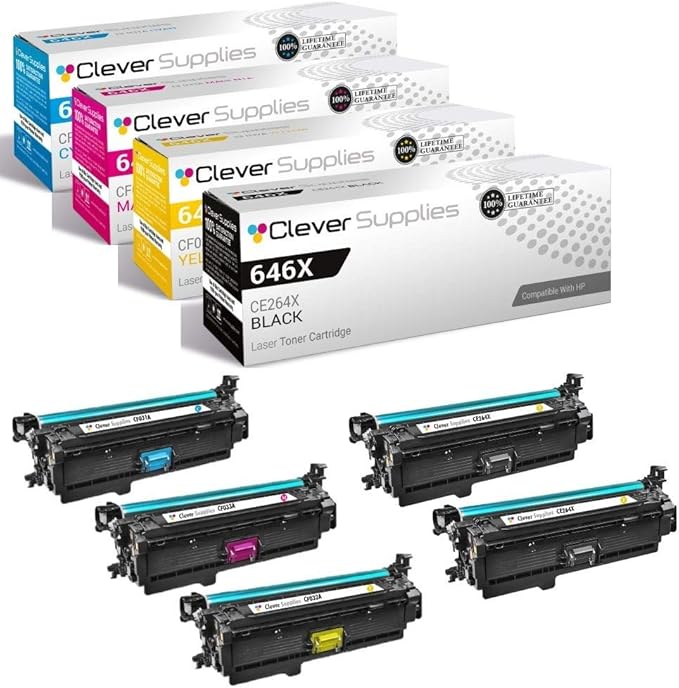 CS Replacement Toner Cartridge Compatible with HP CP4025n CE264X Black CF031A Cyan CF032A Yellow CF033A Magenta 646A & 646X Color Enterprise CM4540f MFP Enterprise CM4540fskm 5 Color Set