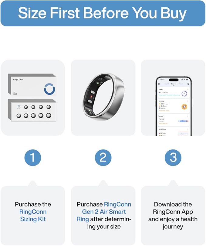 RingConn Gen 2 Air, Ultra-Thin AI Smart Ring, 10-Day Battery Life, Fitness/Sleep/Stress/HR Tracker for Women&Men, No App Fee for Standard Features, iOS & Android Compatible (Size 7, Galaxy Sliver)