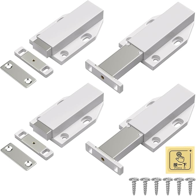 Magnetic Push to Open Jiayi Push Release Magnet Cabinet Door Latch, Push Open Drawer Catch for Large Door, Push in Door Unlock Kitchen Spring Opening Press Out Push Magnetic Latches (White, 4 Pack)