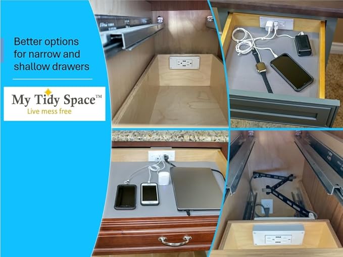 My Tidy Space Compact Combo (1) USB-A (1) USB-C (2) 15 Amp in-Drawer Docking Station Outlet Plugs with Retractable arm