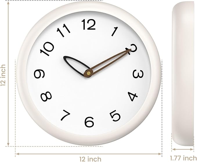 lanktoo Modern Wall Clock,Battery Operated,Tempered Glass,12" Silent Clocks for Living Room,Bedroom,Kitchen,Bathroom - Stylish Home Decor Gift (Off White)
