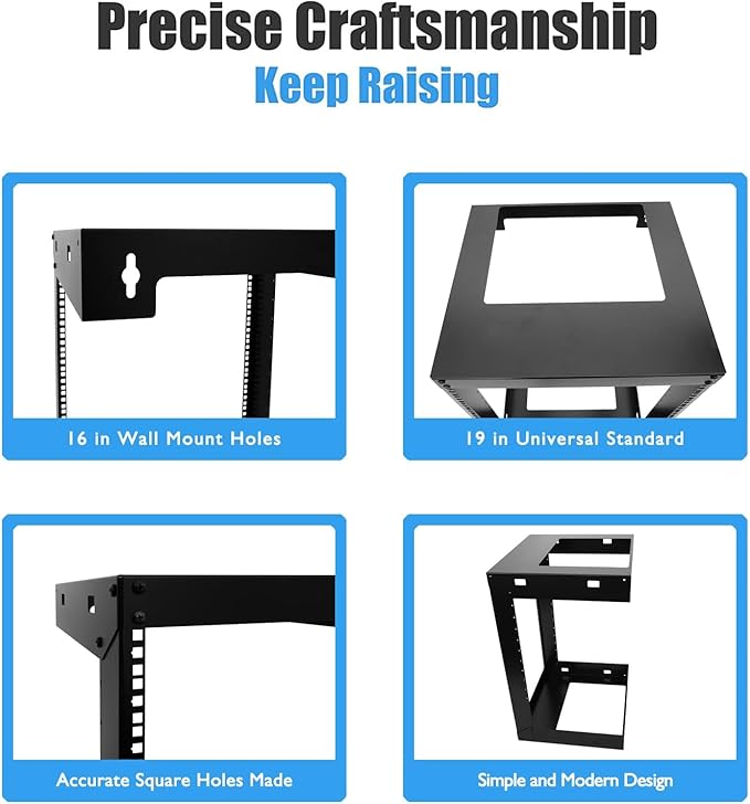 Raising electronics 12U Wall Mount Open Frame 19 Inch Server Equipment Rack Threaded 15 Inch Depth Black (12U)