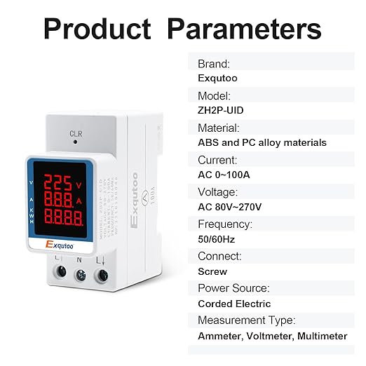 Exqutoo Digital Display Energy Meter - AC Rail-Mounted Meter Electricity Usage Monitor for Voltage, Current, and Energy Consumption Measurement - GT2P-UID, AC 80~270V, 0~100A, 50/60Hz