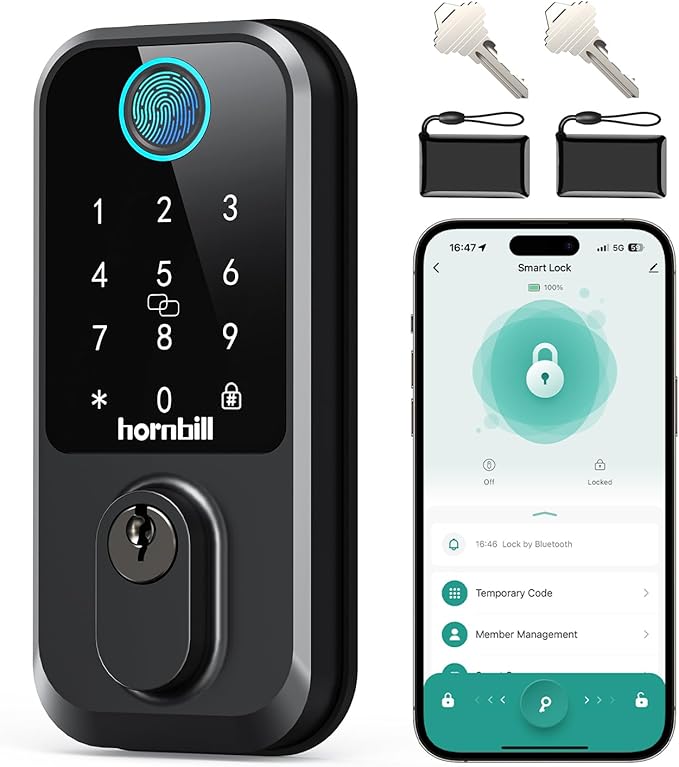 Keyless Entry WiFi Smart Lock, Hornbill Fingerprint Smart Deadbolt with App Control, Compatible with Alexa, Touchscreen Keypad Door Lock with Auto-Lock for Rentals Home