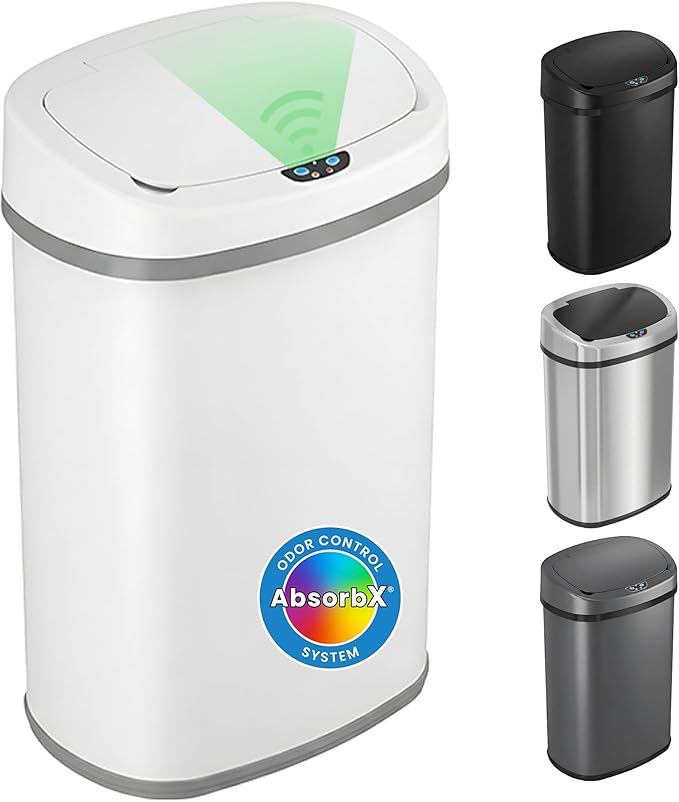 iTouchless 13 Gallon Oval Sensor Trash Can with Odor Filter, Automatic Motion Sensor Kitchen Bin, Soft-Close White Steel, Slim Curved Design for Nursery, Bathroom & Clinic