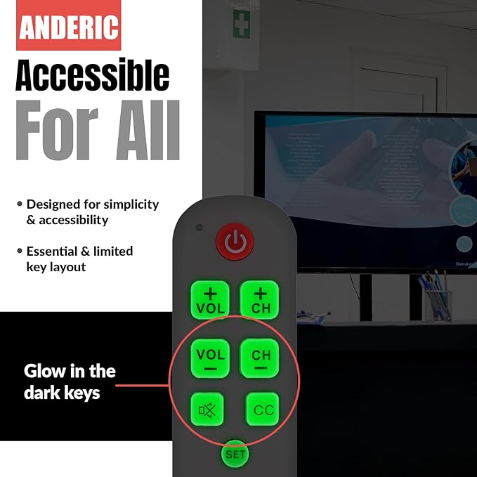 Anderic RR1004 Big Button TV Remote Control – Senior Friendly, Easy-to-use with Glow Keys, Simple Layout – Ideal for Elderly Care & Assisted Living – Compatible with Most IR TVs - White - 2 Pack