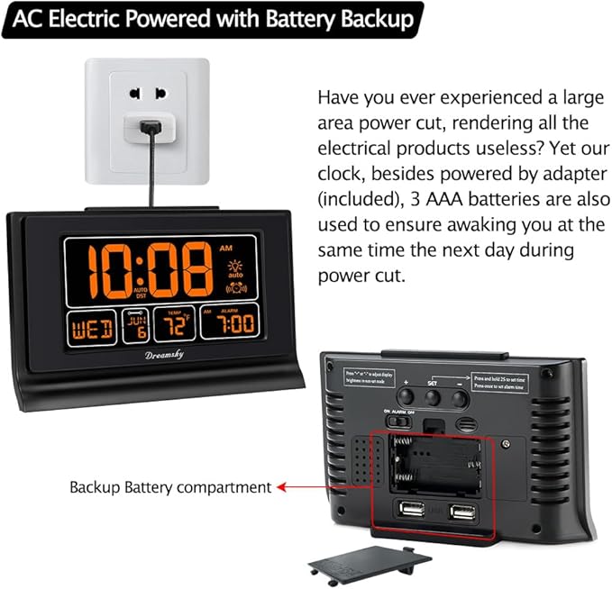DreamSky Digital Alarm Clock with Battery Backup, 5 Inch Large Display, Auto Set Clock, USB Charging Ports, 12/24H