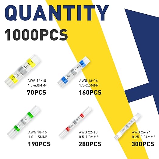 haisstronica 1000PCS Solder Seal Wire Connectors,Marine Grade Heat Shrink Wire Butt Connectors AWG 26-10 (5Colors/5Sizes) with Removable Storage Bins