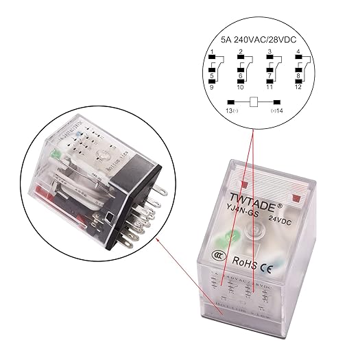 TWTADE/AC 24V Relay 5A Electromagnetic Power Coil Relay 14 Pins 4PDT 4NO+4NC HH54P MY4J with Indicator Light & Socket Base -YJ4N-GS