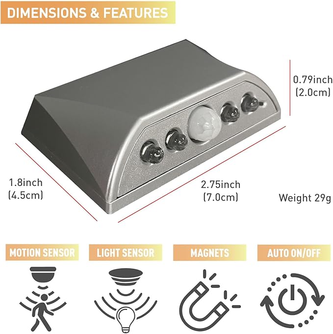 somisgarden Silver Motion Sensor Night Light for Doors, Cabinets & Stairs | 3-Way Magnetic/Adhesive/Screw Mount | Auto On/Off in Darkness | Battery-Powered LED for Hallway & Keyhole