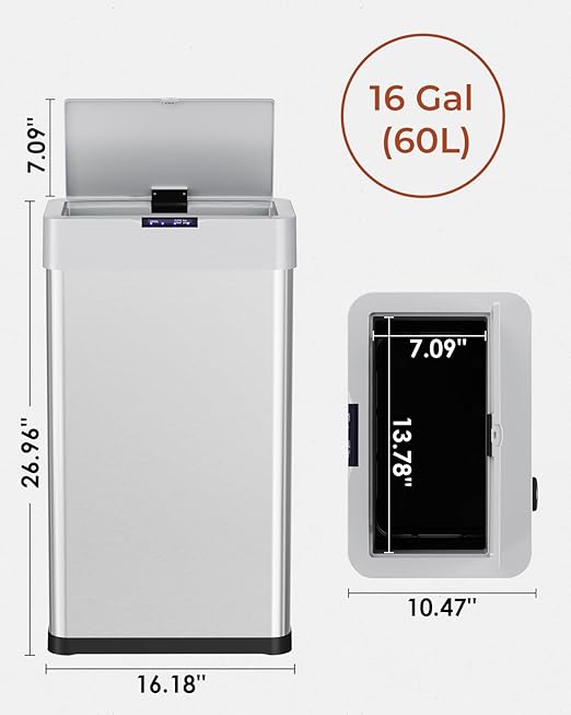 TLSUNNY 16 Gallon Motion Sensor Trash Can,Touchless Automatic Garbage Can,Brushed Stainless Steel Smart Bin,with Bag Holder,Soft Close Lid,for Kitchen,Office,RV,Bedroom,Living Room (Silver, 60L)