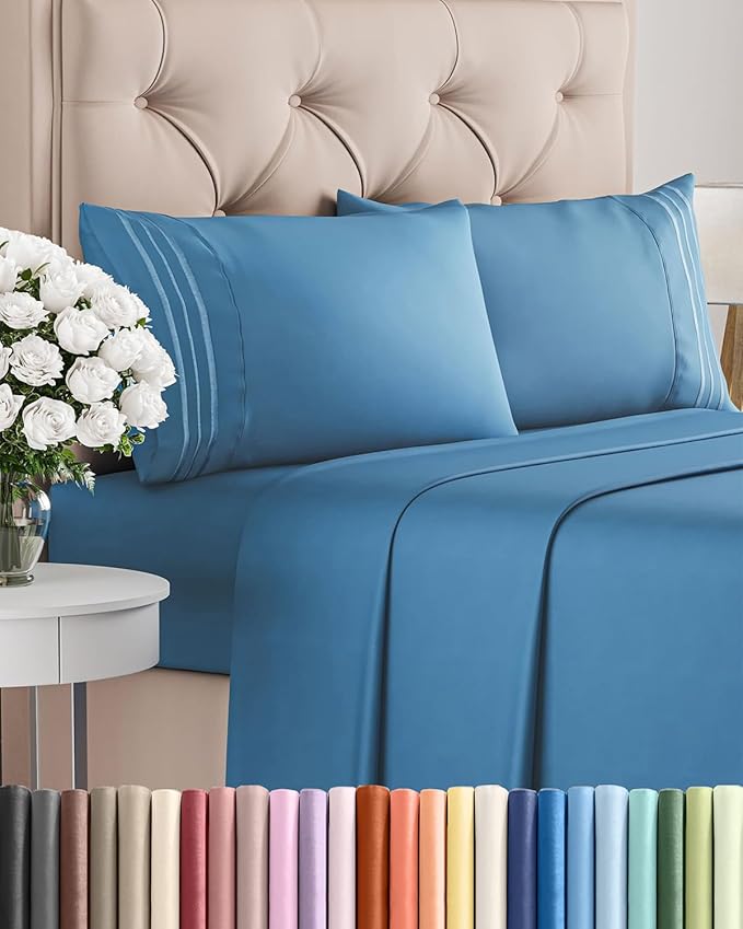 Cal King Size 4 Piece Sheet Set - Comfy Breathable & Cooling Bed Sheets Set - Hotel Luxury Bedding for Women, Men, Kids, Teens, Boys & Girls - Deep Pockets, Soft, Wrinkle Free - Oeko-Tex - Denim Blue