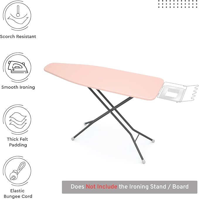 Encasa XO Ironing Board Cover and Pad 54"x15" - 4mm Felt Large Iron Board Cover with Padding - Heat Resistant, Stain-Safe Dye, Non Slip Elastic Bungee Cord Tightening Iron Table Cover Powder Pink