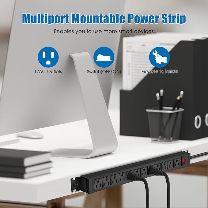 HHSOET 2 Pack Rotating Mountable Power Strip, 12 Outlet Wall Mount Surge Protector, Metal Heavy Duty and Versatile Outlet Strip, Stylish Appearance, Sturdy and Durable, 3ft Power Cord.(Black)