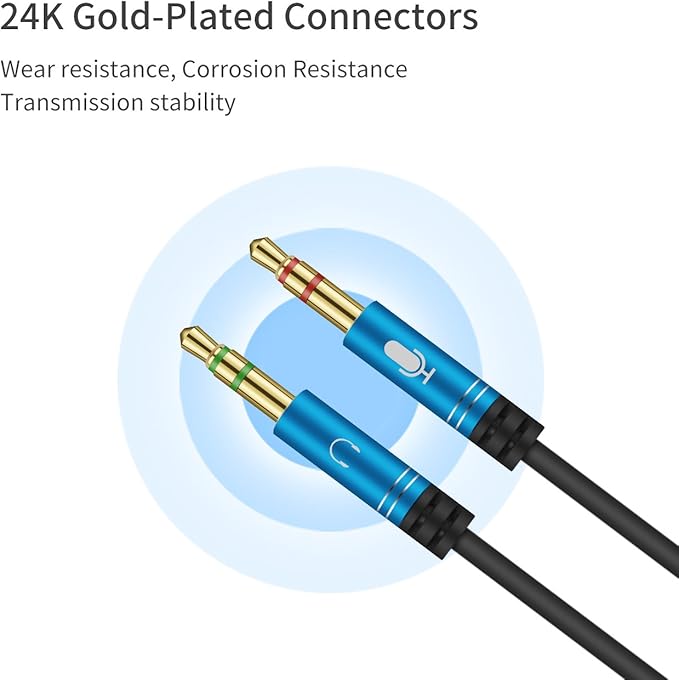 CANFON Headphone Splitter for Computer 3.5mm Female to 2 Dual 3.5mm Male Headphone Mic Audio Y Splitter Cable Smartphone Headset to PC Adapter (100CM, Blue)
