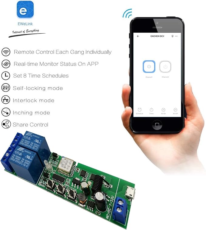 Newgoal 2-Channel Ewelink App Remote Control WiFi 433MHz RF Wireless Switch Relay, self-Locking, Interlock Mode, Used to Access and Control Smart Garage Doors, Compatible with Alexa Goolge