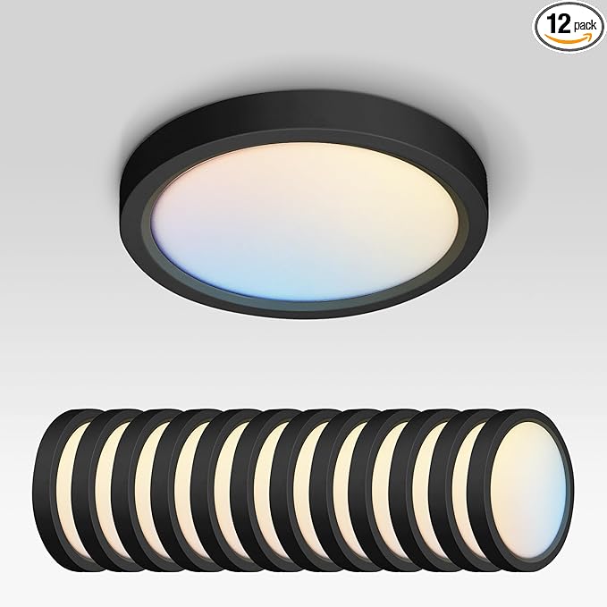 ASD LED 7" Round Flush Mount Ceiling Light Fixture, Low Profile Surface Lighting | 5CCT, Dimmable, Ultra-Thin, ETL Listed | 15W 1260LM 2700-6000K 120V | Kitchen, Bedroom, Hallway Lamp | Black, 12 Pack