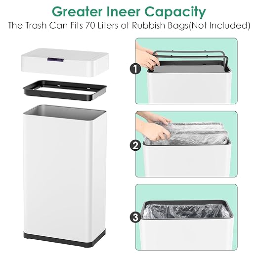 Arlopu Automatic Trash Can,Sensor Motion Stainless Steel Garbage Bin, Touchless Smart Waste Bin, W/Stay-Open, Soft Close Lid, Display Light for Kithchen, Living Room, Office (White, 18.5gal)
