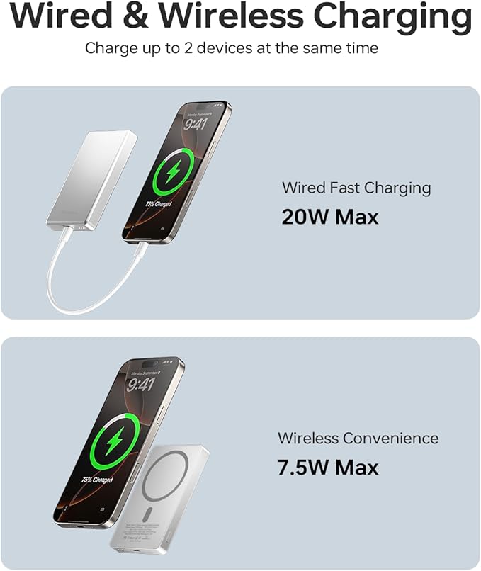 10,000mAh for MagSafe Power Bank Ultra Slim, Magnetic Wireless Charger with USB-C Cable, Fast Charging Portable Battery for iPhone 17/16/15/14/13/12 Series, All-Metal Design, Silver