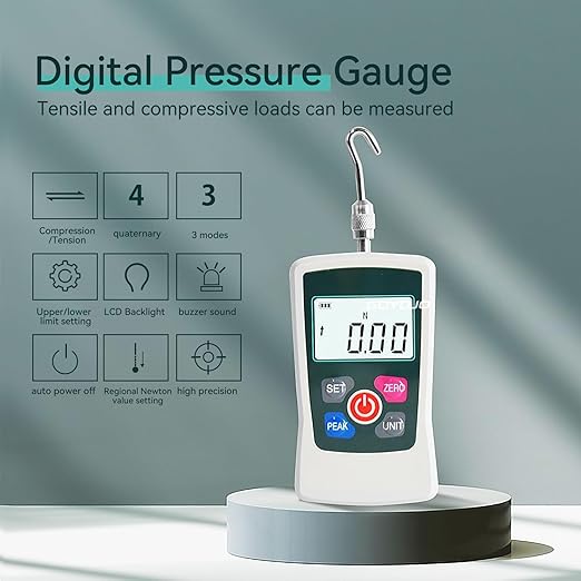 GOYOJO Digital Force Gauge High-Precision Push-Pull Meter for Tension & Compression Testing Units (N, kg, lb, oz) Real-Time/Peak/First Peak Modes Ideal for Quality Control & Material Testing (20N)