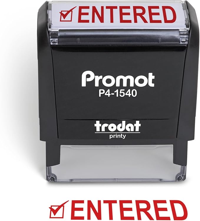 Promot Entered Self Inking Rubber Stamp - Refillable Stampers for Office - Business, Accounting, Bookkeeping, Coding, Legal, Notary, Work, Ordering, Inventory Stamps - Red Ink
