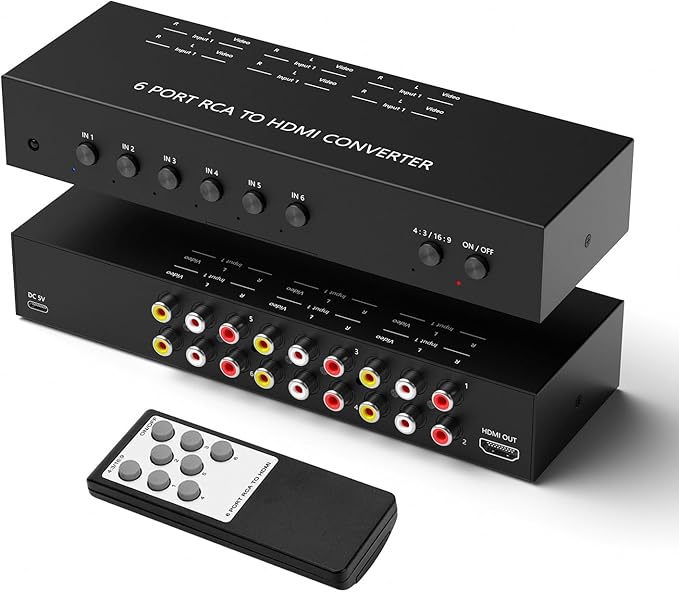 RuiPuo 6Port AV to HDMI Converter RCA/Composite/CVBS Adapter Support 16:9/4:3 Switch for Wii/N64/PS1/PS2/PS3/VHS/VCR/DVD Players etc (6Port RCA in to 1 HDMI Converter with IR Remote)