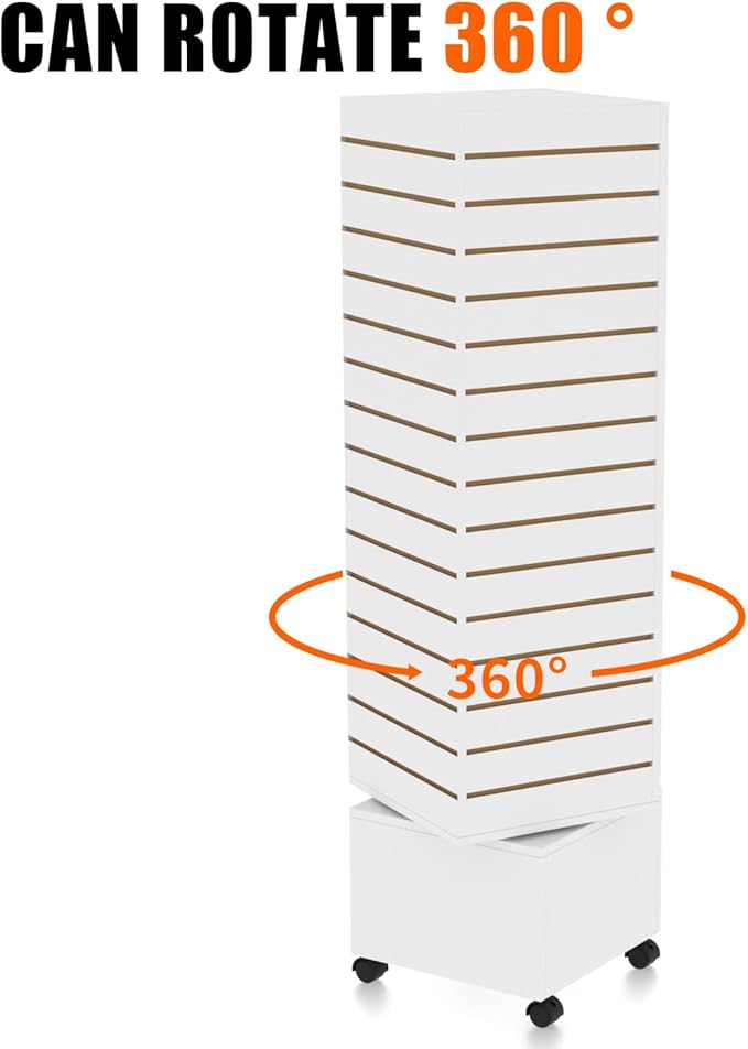 16" W * 16" D * 62" H - White Slatwall Tower, Four Panel Slatwall Retail Fixture, Rotating Retail Display Rack