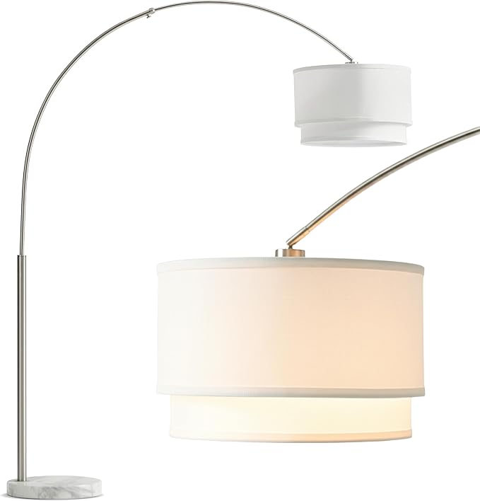 Brightech Mason Arc Floor Lamp - Modern Corner Standing Lamp with Unique Hanging Drum Lamp Shade for Living Room - Bright Overhead, Curved Hanging Light for Bedroom. Library, Den - Nickel