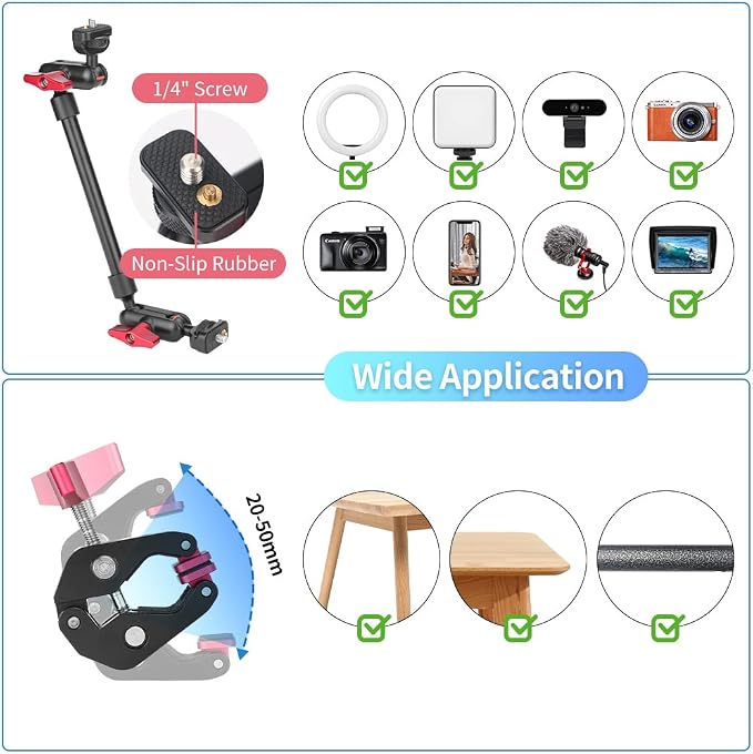 13"/34cm Magic Arm w Clamp, Camera Mount & Clamp w 1/4" 3/8" Threads and - Image 5