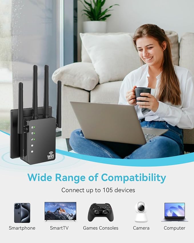 105-Device Compatible WiFi Extender Signal Booster, WiFi Extender, 12880 Sq.Ft Long Range, Dual Band 5GHz/2.4GHz 1200Mbps, Simple Installation for Home & Outdoor