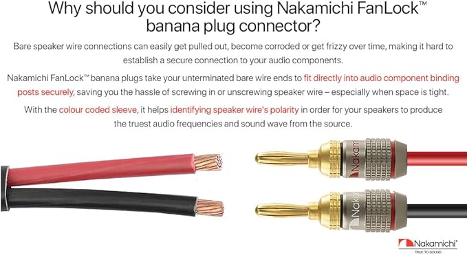 Nakamichi FanLock Excel Series 24k Gold Plated Banana Plugs 10 AWG - 18 AWG Gauge Size 4mm for Speakers Amplifier Hi-Fi Stereo Home Theatre Radio Audio Wire Cable Quick Connector, 12 Pcs (6-Pairs)