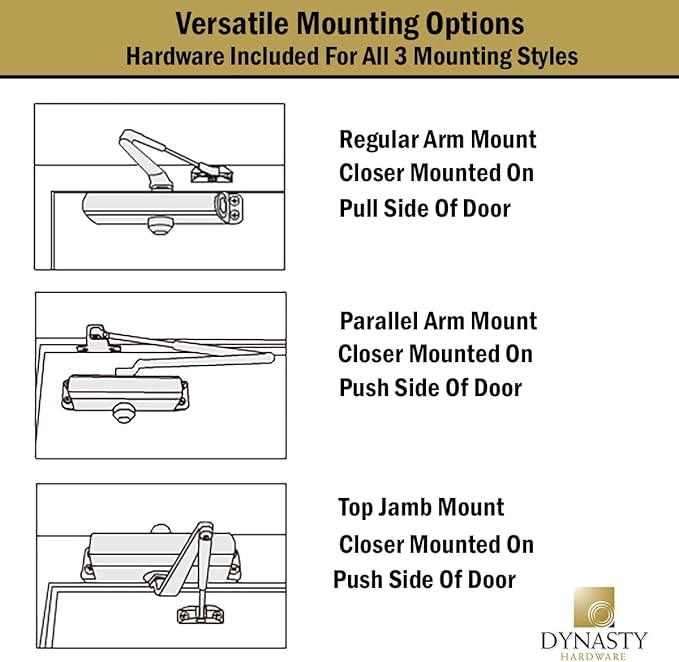 Dynasty Hardware Door Closer, Grade 1 Heavy Duty Commercial Hydraulic Closer & Hold Open Arm, Self-Closing, Adjustable Spring Size 1-6, ADA Compliant, Surface Mount, Sprayed Aluminum, Series 4401