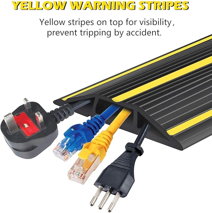 6.5Ft Cord Covers for Wires on Floor, 3-Channel Floor Cord Cover with Anti-Slip Base & Yellow Warning Strips, Extension Cord Covers for Floor, Ideal for Home, Office, Outdoor Use