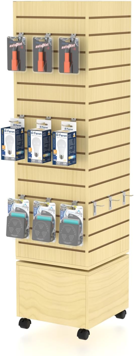 16" W * 16" D * 62" H - Maple Slatwall Tower, Four Panel Slatwall Retail Fixture, Rotating Retail Display Rack