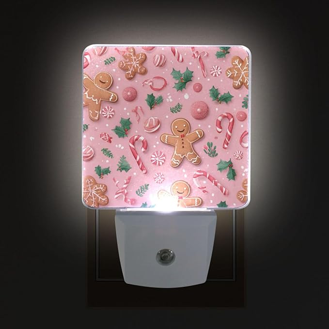 Pigsaly Led Night Light Christmas Gingerbread Men Pink Candy Canes Night Light Plug in Wall Lamp Smart Dusk to Dawn Sensor Nightlight Led Lamp Energy Saving Lights Gift for Kids Room Bedroom Bathroo
