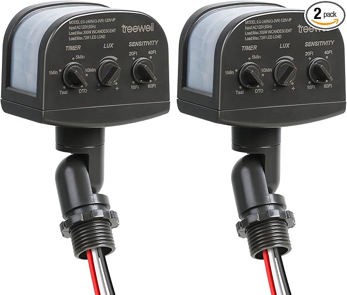 TREEWELL 2 Pack 240-Degree Replacement Motion Sensor, Adjustable LUX(5-300) & Time & Detection Sensitivity Up to 60 Feet Range, 3 Working Modes Outdoor Motion Detector for Security Floodlight, Brown
