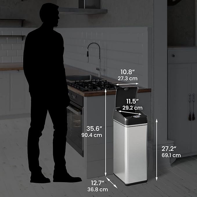 iTouchless 13 Gallon Kitchen Trash Can with Odor Filter, Automatic Motion Sensor Bin, Soft-Close Stainless Steel, Slim Wastebasket for Narrow Spaces, Silver