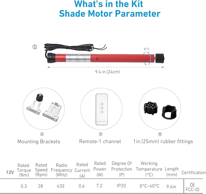 Rollerhouse RTS 12V DC Radio Controlled Tubular Motors for Electric Mini Roller Blind Compatible 1”(25mm) and 1-1/8”(28mm) Roller Shades