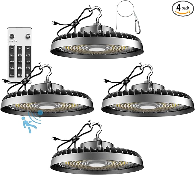 Lightdot Smart 250W High Bay LED Shop Lights 37,500LM High Bay Lights with Controller (Supports Normal Mode & Motion Sensor Mode) ETL-Listed US Plug for 30-40FT Height-6Yrs Warranty-4Pack