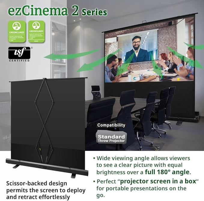 Elite Screens ezCinema 2, 70-inch 16:9, Manual Floor Pull Up Scissor Backed Projector Screen, Portable Home Theater Office Classroom Projection Carrying Bag, US Based Company 2-Year Warranty, F70XWH2