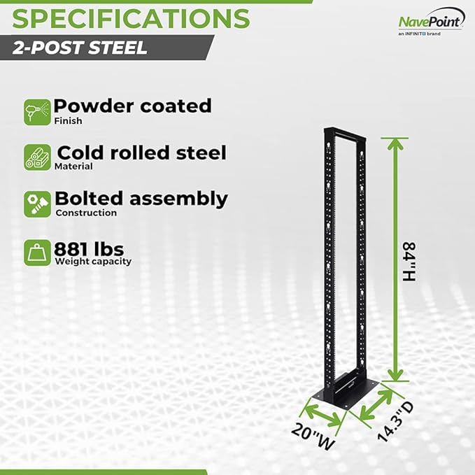 NavePoint 45U 2 Post Open Frame Server Rack for 19 Inch Equipment, AV, Networking, Data & IT Devices, 2-Post Rack 45U 881lbs Weight Capacity, Black