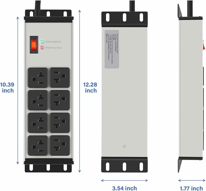 CCCEI Heavy Duty Power Strip Surge Protector 20 AMP, 8 Outlets 12 Gauge Industrial Shop Garage Metal Multiple Outlets, 15 FT Extension Cord 5-15P Adapter High Amp 6-20R T-Slot 20a for Appliance