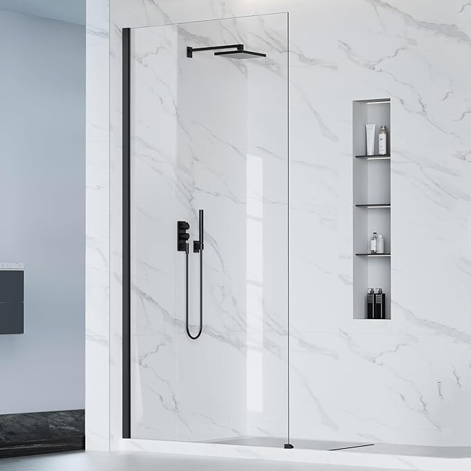 Bathbliss 36" W x 76" H Frameless Shower Glass Panel, 8mm Clear Tempered Glass, Fixed Walk-In Shower Screen, Matte Black Finish, Reversible Installation
