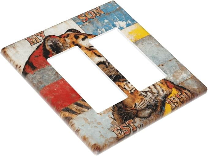 Bvtewkhz Tiger Vintage 2 Gang Double Rocker Decorative Outlet Covers Light Switch Plate Electrical Receptacle Switchplate For Bathroom Kitchen Bedroom