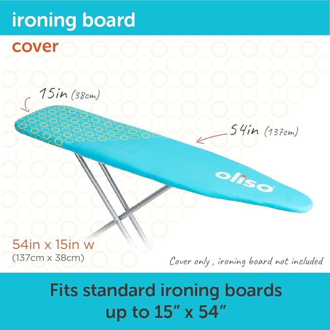 oliso Ironing Board Cover – 100% Cotton with Professional Felt Pad, Fits Standard 54" x 15" Boards – Secure Fit with Wide Elastic Edge & Adjustable Straps – Turquoise
