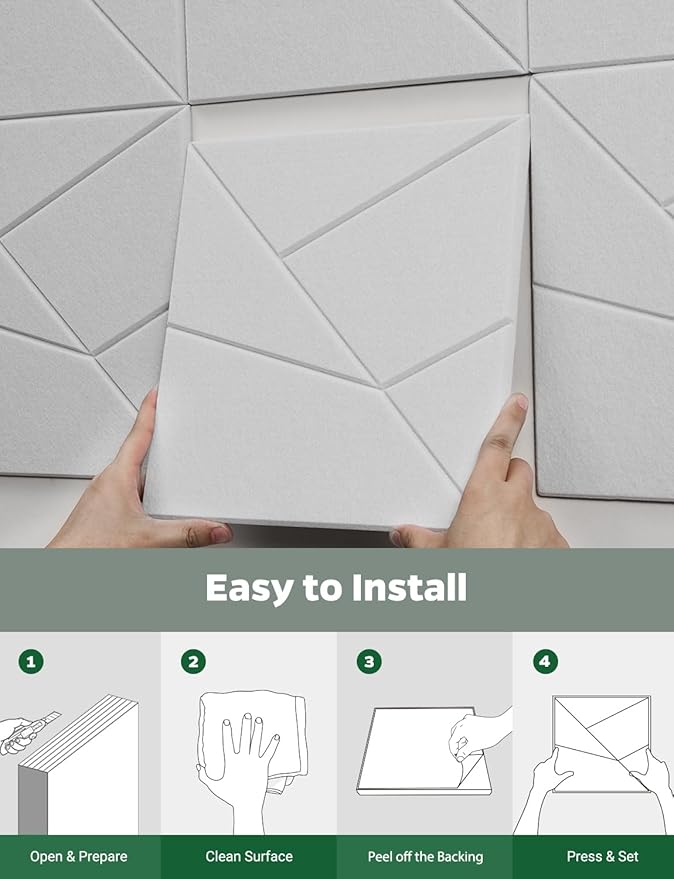 Topnaca 18 Pack Acoustic Wall Panels Sound Absorbing for Recording Studio Acoustical Treatments, White Cut-line Decorative Peel and Stick Sound Reducing Art Ceiling Tiles for Home Office Podcast Room