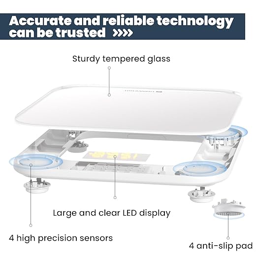 UNIWEIGH Digital Bathroom Scale for Body Weight,Accurate Weight Scale up to 440lbs,Body Scales with Sturdy Tempered Glass,with LED Display,Step-on,Compact Size,3 Units and Batteries inclued,White
